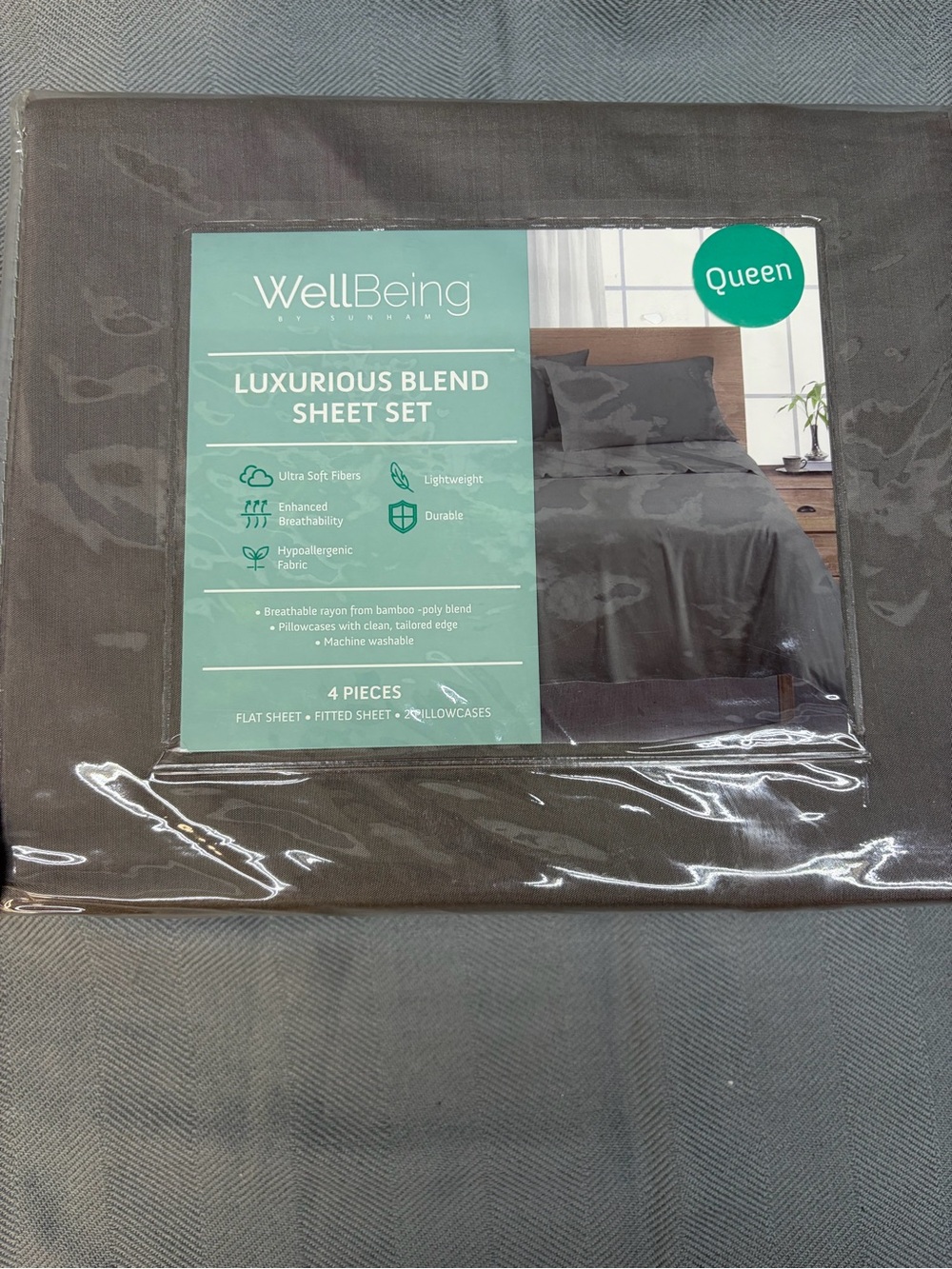NWT WellBeing by Sunham luxurious blend 4 piece sheet set queen gray quil color